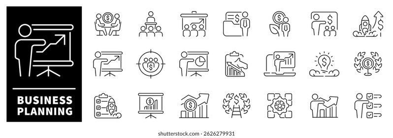 Business planning thin line icons. Business vector icon set. Strategy, teamwork, partnership, startup, finance, planning, business related icons. Editable stroke Vector icons.