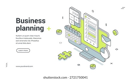 Business planejamento tempo gerenciamento computador fluxo de trabalho isométrico web banner design modelo vetor ilustração. Prazo final de otimização do trabalho para listar a tecnologia da organização de produtividade de eficiência
