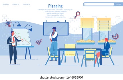 Business Planning and Time Management with Business Men and Woman Cartoon Characters Make up Work Schedule or Company Development Plan. Marketing Strategy and Promotion. Flat Vector Illustration.