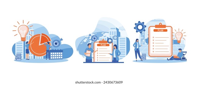 Business Planning. Business time management, People planning new business.  Teamwork, meeting. Set flat vector modern illustration 