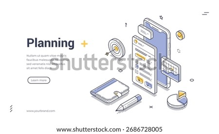 Business planning time management work organization isometric web banner design template line vector illustration. Workflow process organizing to do list control task optimization mobile app