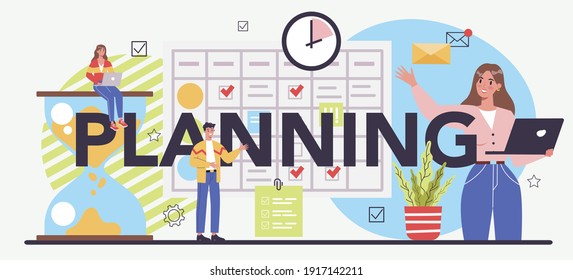 Business planning typographic header. Setting a goal or target and following schedule. Idea of planning and organization. Time optimization. Isolated flat vector illustration