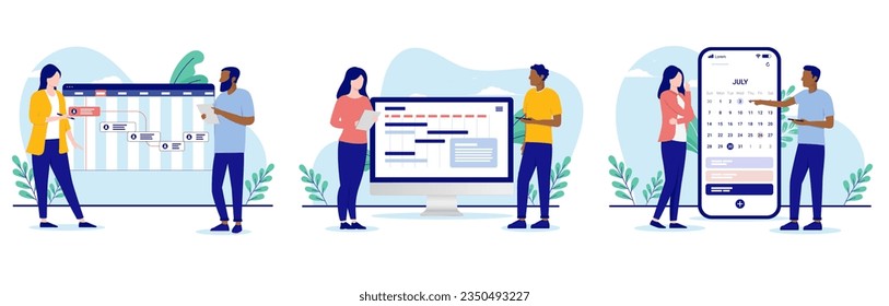 Business planning vector collection - Set of illustrations with people doing project management and making plans. Flat design with white background