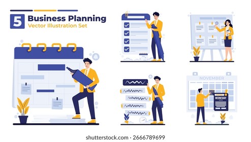 Conjunto de ilustraciones de concepto plano de Vector de planificación empresarial para administración de agenda, programación, reserva de citas, planificación de actividades y administración de listas de tareas pendientes