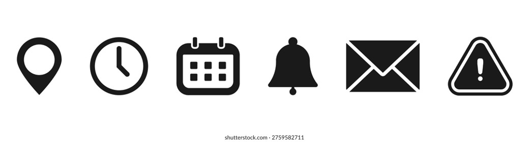 Business and planning vector icon set with map pin, clock, calendar, reminder, mail and alert symbols