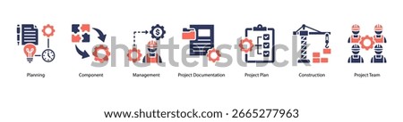 Business Planning web banner icon vector illustration featuring Planning, Component, Management, Project Documentation, Project Plan, Construction, and Project Team.