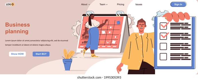 Business planning web concept. Employees perform work tasks, time management scene. Banner template with flat line characters design. Vector illustration for social media promotional materials