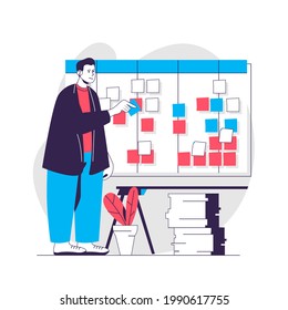 Business planning web concept. Man doing work tasks, stickers on board. Time management people scene. Flat characters design for website. Vector illustration for social media promotional materials