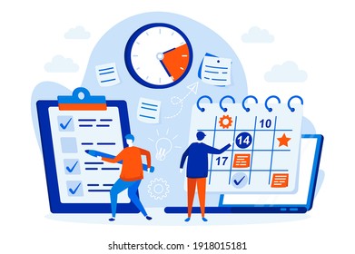 Business planning web design concept with people. Managers planning activities and tasks scene. Time management composition in flat style. Vector illustration for social media promotional materials.