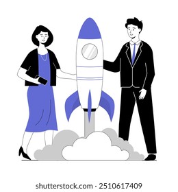 Business planning. Woman and man creates financial strategy and launches successful startup. Vector illustration with line people for web design.	
