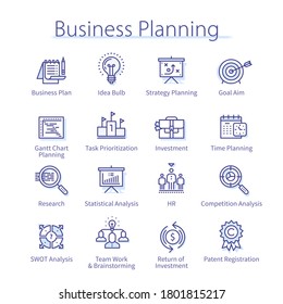 Business planning work, time management, statistics, HR, schedule, research, employees brainstorming. Modern strategy goal thin line icons set. Business plan isolated linear vector illustrations	