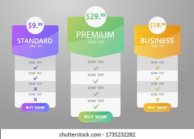 Tabla de precios de comparación web de planes de negocio. Diseñar una lista moderna de banners. Resumen de sitios web gráficos de concepto, elemento de aplicaciones. Ilustración vectorial creativa