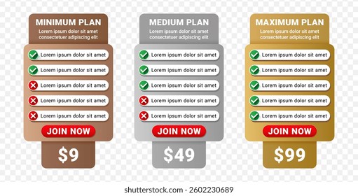 Business plans web comparison pricing table. Price plan set. Vector illustration isolated on white background