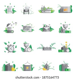 business plant, time and money icon with leaves vector 