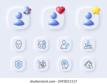 Business podium, Dirty mask and Fever line icons. Placeholder with 3d bell, star, heart. Pack of Edit user, Fingerprint, Wallet icon. Face biometrics, Stress pictogram. For web app, printing. Vector