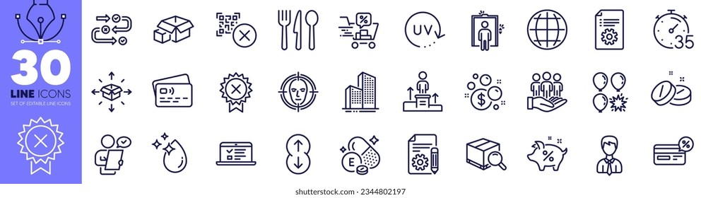 Business podium, Documentation and Globe line icons pack. Technical documentation, Water drop, Businessman web icon. Face detect, Best buyers, Scroll down pictogram. Loan percent. Vector