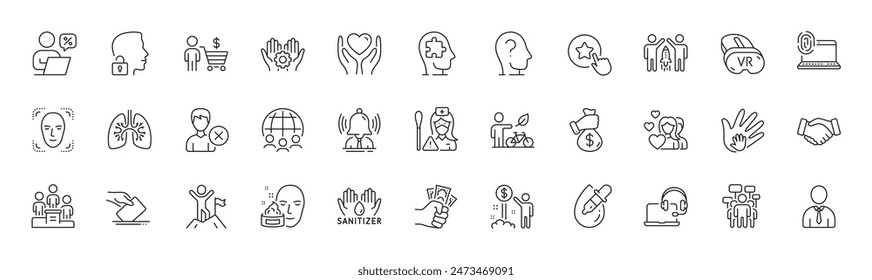 Business podium, Income money and Eye drops line icons. Pack of Social responsibility, Fraud, Human icon. Global business, Face cream, Lungs pictogram. Hold heart, Vr, Remove account. Vector