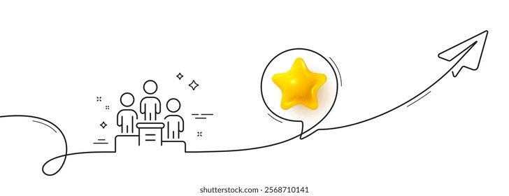 Business podium line icon. Continuous line with share plane. Employee nomination sign. Teamwork award symbol. 3d star in speech bubble. Business podium single line ribbon. Loop curve pattern. Vector