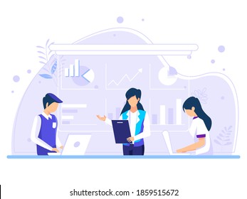 Business poeple character in office. Sitting at the board meeting table discussing company data in the office. Brain Storm Team Project, Teamwork Process. Vector Illustration.
