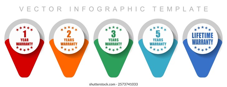 Business pointer collection, miscellaneous icons such as 1, 2, 3, 5 and lifetime warranty, flat design vector infographic template in eps 10