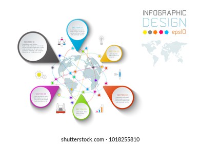 Business pointing labels shape infographic around the world map.