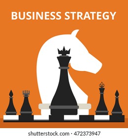Business or politic strategy concept. In the background the figure of a horse. Move of the knight. Flat vector illustration.
