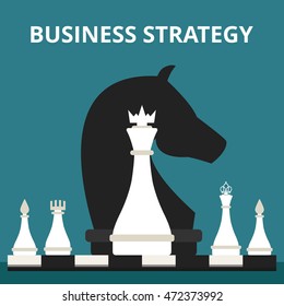 Business or politic strategy concept. In the background the figure of a horse. Move of the knight. Flat vector illustration.