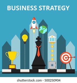 Business or politic strategy concept. Chess king, target, golden cup, rocket, light bulb, earth, bank, coins, safe on the board. Flat vector illustration.