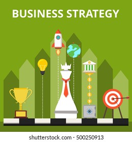 Business or politic strategy concept. Chess king, target, golden cup, rocket, light bulb, earth, bank, coins, safe on the board. Flat vector illustration.