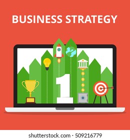 Business or politic strategy concept. Number one, target, golden cup, rocket, light bulb, earth, bank, coins, safe on the on the laptop screen. Flat vector illustration.