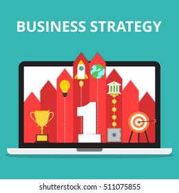 Business or politic strategy concept. Number one, target, golden cup, rocket, light bulb, earth, bank, coins, safe on the on the laptop screen. Flat vector illustration.