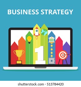 Business or politic strategy concept. Number one, target, golden cup, rocket, light bulb, earth, bank, coins, safe on the on the laptop screen. Flat vector illustration.