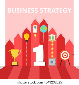 Business or politic strategy concept. Number one, target, golden cup, rocket, light bulb, earth, bank, coins, safe on the background with arrows. Flat vector illustration.