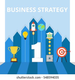 Business or politic strategy concept. Number one, target, golden cup, rocket, light bulb, earth, bank, coins, safe on the background with arrows. Flat vector illustration.