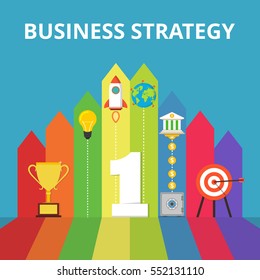 Business or politic strategy concept. Number one, target, golden cup, rocket, light bulb, earth, bank, coins, safe on the background with arrows. Flat vector illustration.