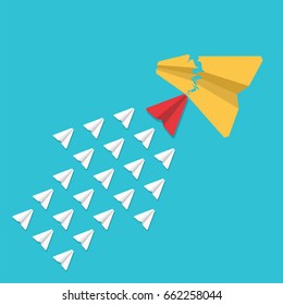 Business, political  opposition or competition. Group of paper airplanes crashed yellow airplane. Teamwork and leadership. Vector illustration.
