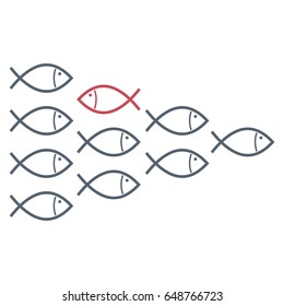 Business or political opposition. One fish swim in opposite direction. Be a different. Vector illustration.