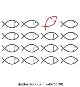 Business or political opposition. One fish swim in opposite direction. Be a different. Vector illustration.