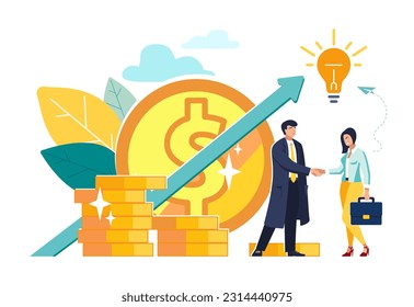 Business porters a successful team, infographic. The investor holds money in ideas.Financing of creative projects.Woman and man, businessman, business handshake.Vector illustration on white background