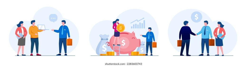 Business porters a successful team. The investor holds money. financing of creative projects. woman and man business handshake. Vector illustration on white background.