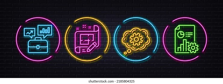 Business Portfolio, Cogwheel And Architect Plan Minimal Line Icons. Neon Laser 3d Lights. Report Icons. For Web, Application, Printing. Job Interview, Engineering Tool, Engineering Plan. Vector