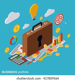 Business portfolio, confidential information, financial statistics, analytics flat isometric vector concept illustration