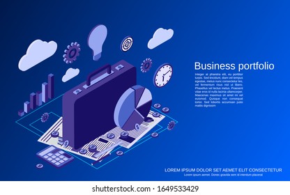 Business Portfolio, Financial Statistics, Analysis, Management Flat 3d Isometric Vector Concept Illustration