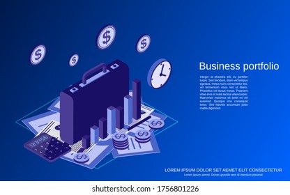 Business portfolio, financial statistics, analysis, management flat 3d isometric vector concept illustration
