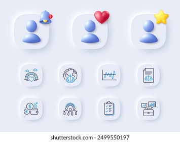 Business portfolio, Inclusion and Currency rate line icons. Placeholder with 3d bell, star, heart. Pack of Checklist, Legal documents, Magistrates court icon. Lgbt, Stock analysis pictogram. Vector