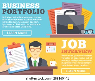 Business portfolio, job interview flat illustration concepts set. Flat design concepts for web banners, web sites, printed materials, infographics. Creative vector illustration