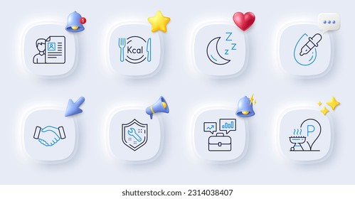 Business portfolio, Moon and Spanner line icons. Buttons with 3d bell, chat speech, cursor. Pack of Calories, Eye drops, Job interview icon. Handshake, Grill place pictogram. Vector