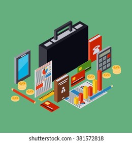 Business portfolio, report, management, business plan flat 3d isometric vector concept illustration