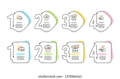 Business portfolio, Salary and T-shirt design icons simple set. Approved sign. Job interview, Diplomat with money bag, Painting. Verified symbol. Education set. Infographic timeline. Vector