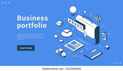 Business portfolio successful financial economy commerce consulting job management internet banner landing page isometric vector illustration. Corporate development document analyzing strategy